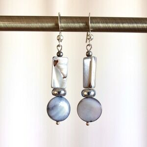 Gray Mother of Pearl Shell Geometric Drop Earrings Silver Tone Hook Dangle